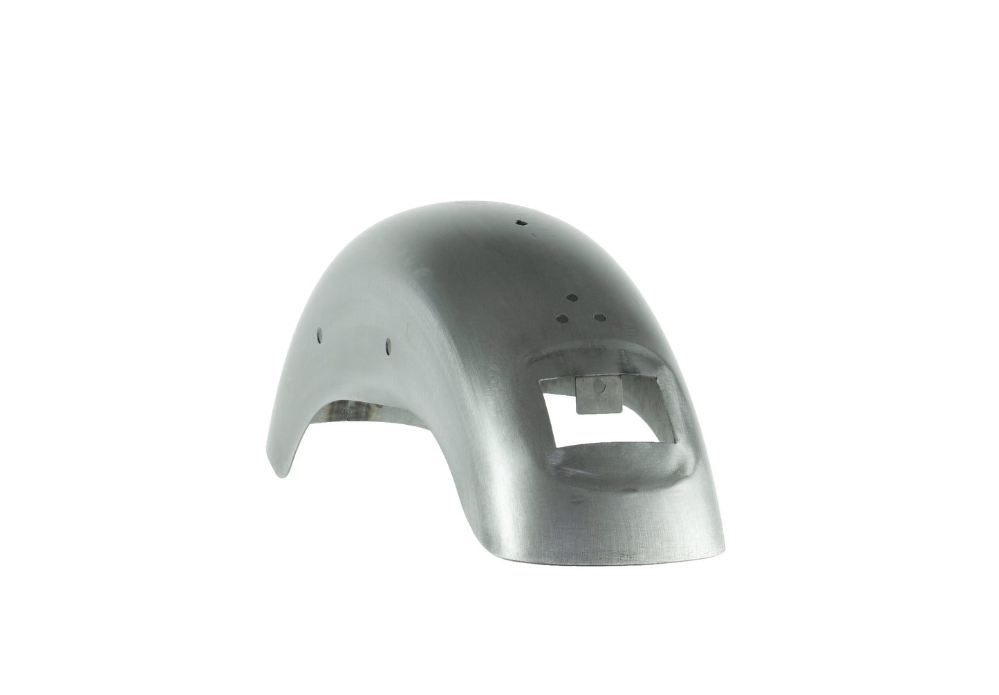 RWD V-Twin raw metal motorcycle fender with a smooth, curved surface, featuring several small holes and a rectangular cutout at the front.