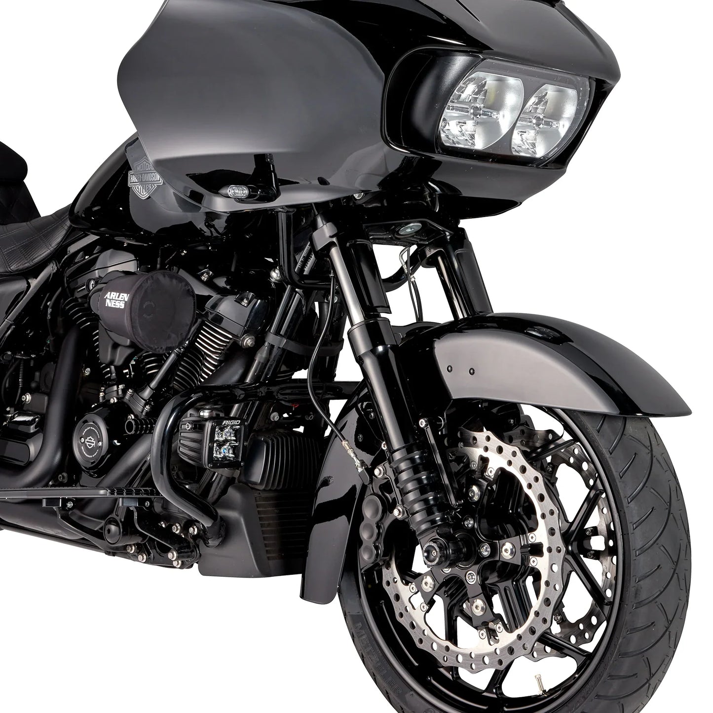RWD V-Twin 49mm fork tubes in black shown on a Harley Davidson motorcycle