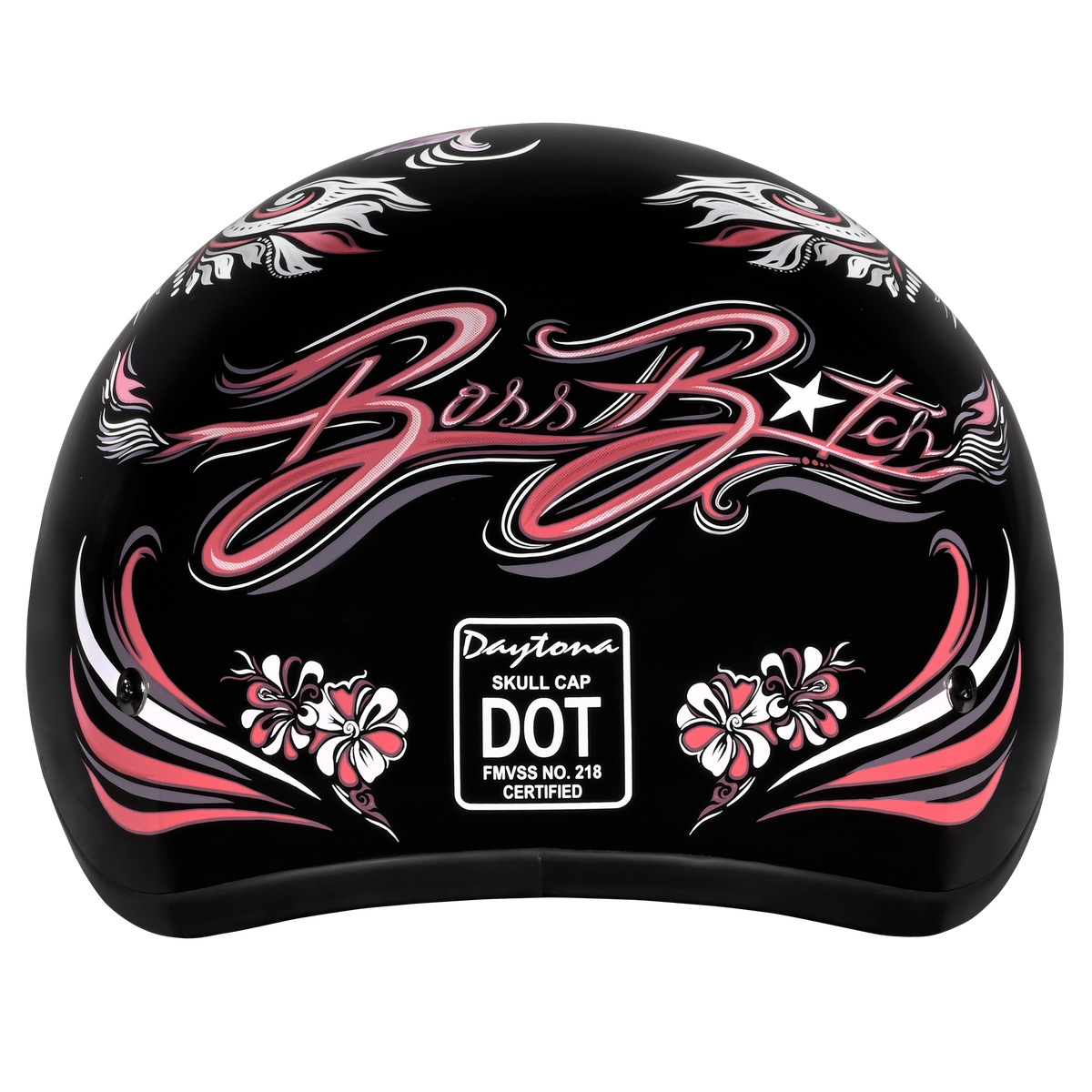 DOT Approved Daytona Motorcycle Half Face Helmet - Skull Cap Graphics for Men & Women, Scooters, ATVs, UTVs & Choppers - W/ Boss Bitch