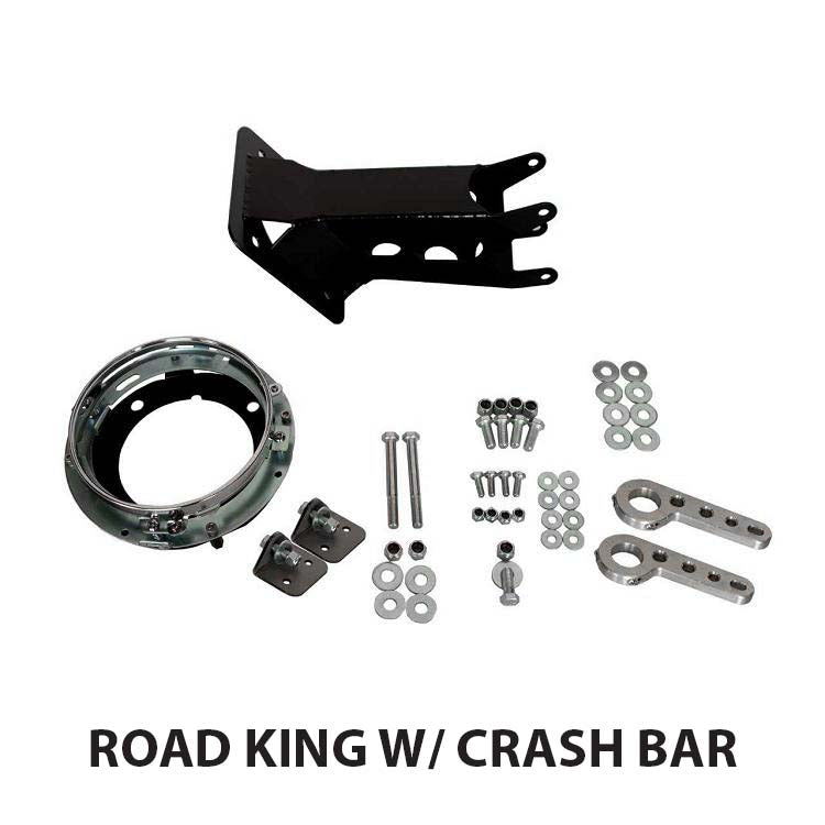 A collection of RWD V-Twin motorcycle parts for a Road King with a crash bar, including a black mounting bracket, a chrome headlight bezel, various bolts, washers, and two silver linkage arms.