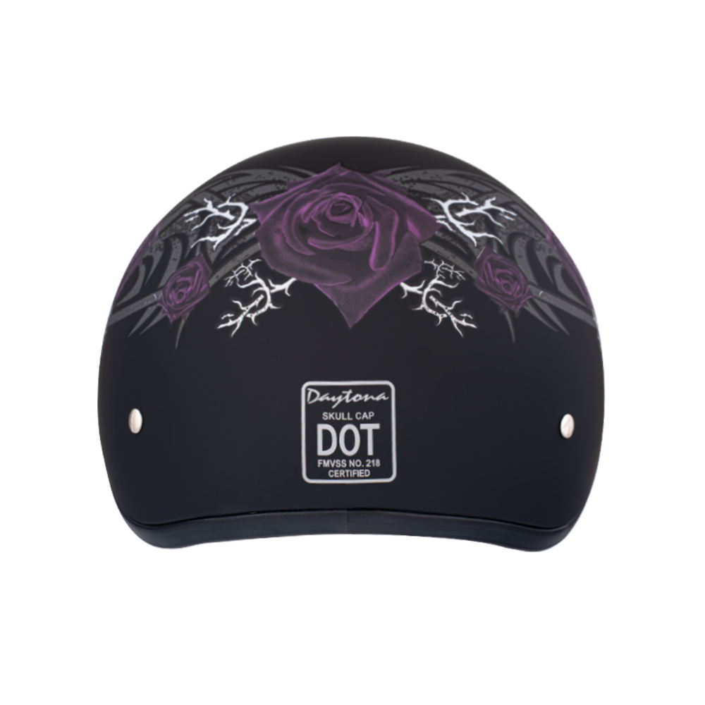 DOT Approved Daytona Motorcycle Half Face Helmet - Skull Cap Graphics for Men & Women, Scooters, ATVs, UTVs & Choppers - W/ Purple Rose