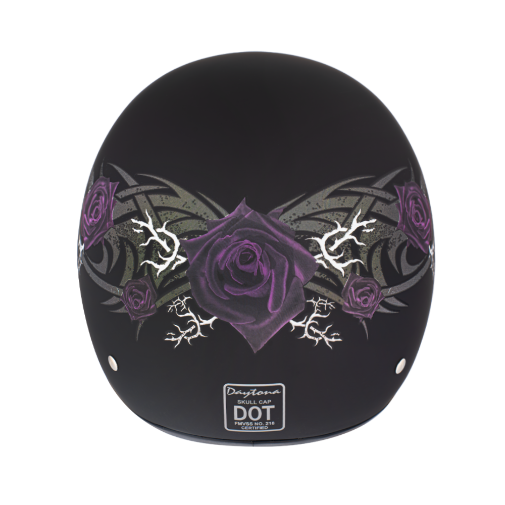 DOT Approved Daytona Motorcycle Half Face Helmet - Skull Cap Graphics for Men & Women, Scooters, ATVs, UTVs & Choppers - W/ Purple Rose