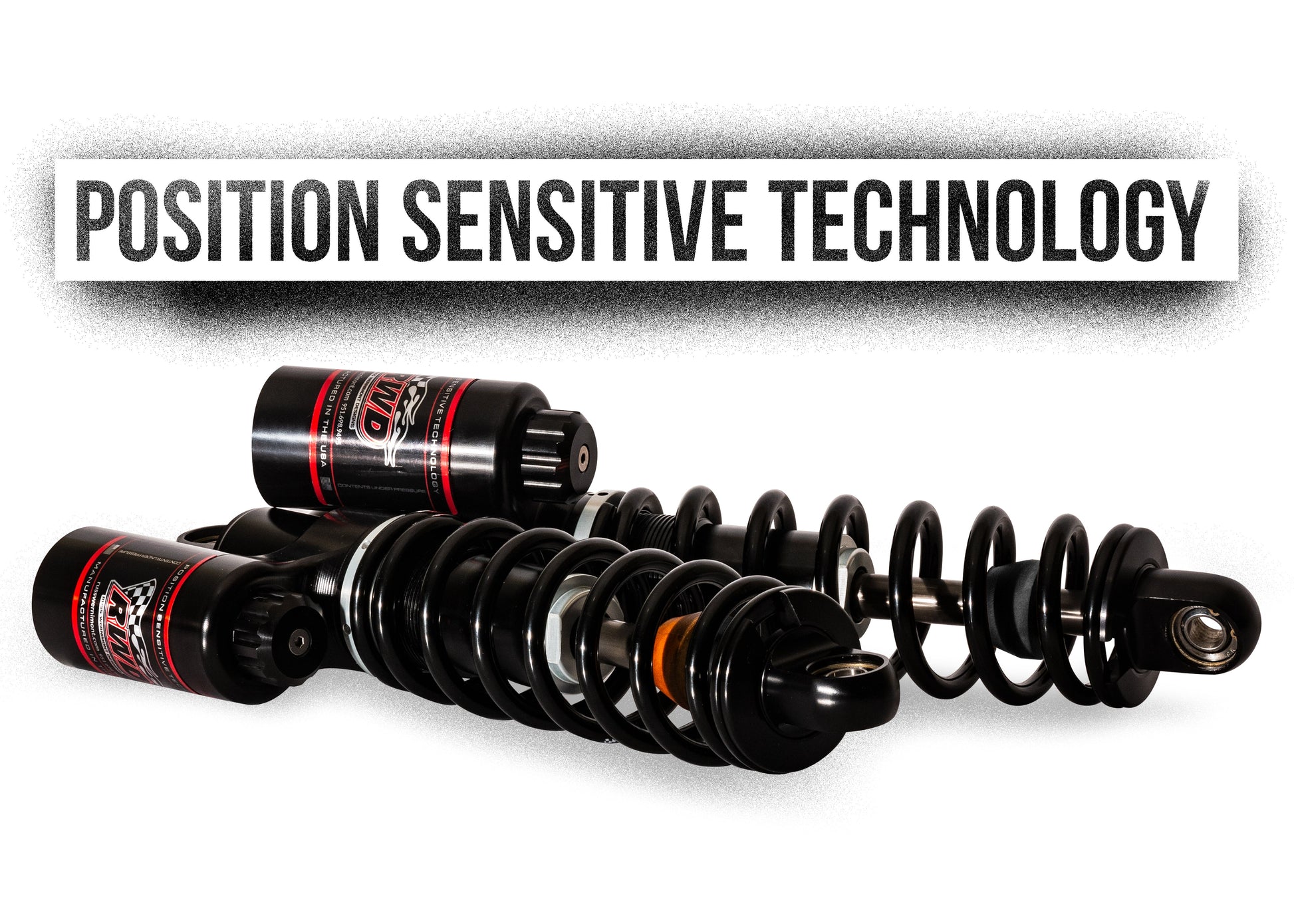 The image displays two black RWD V-Twin shock absorbers with springs, showcasing "POSITION SENSITIVE TECHNOLOGY" written in bold white text on a black background above them.