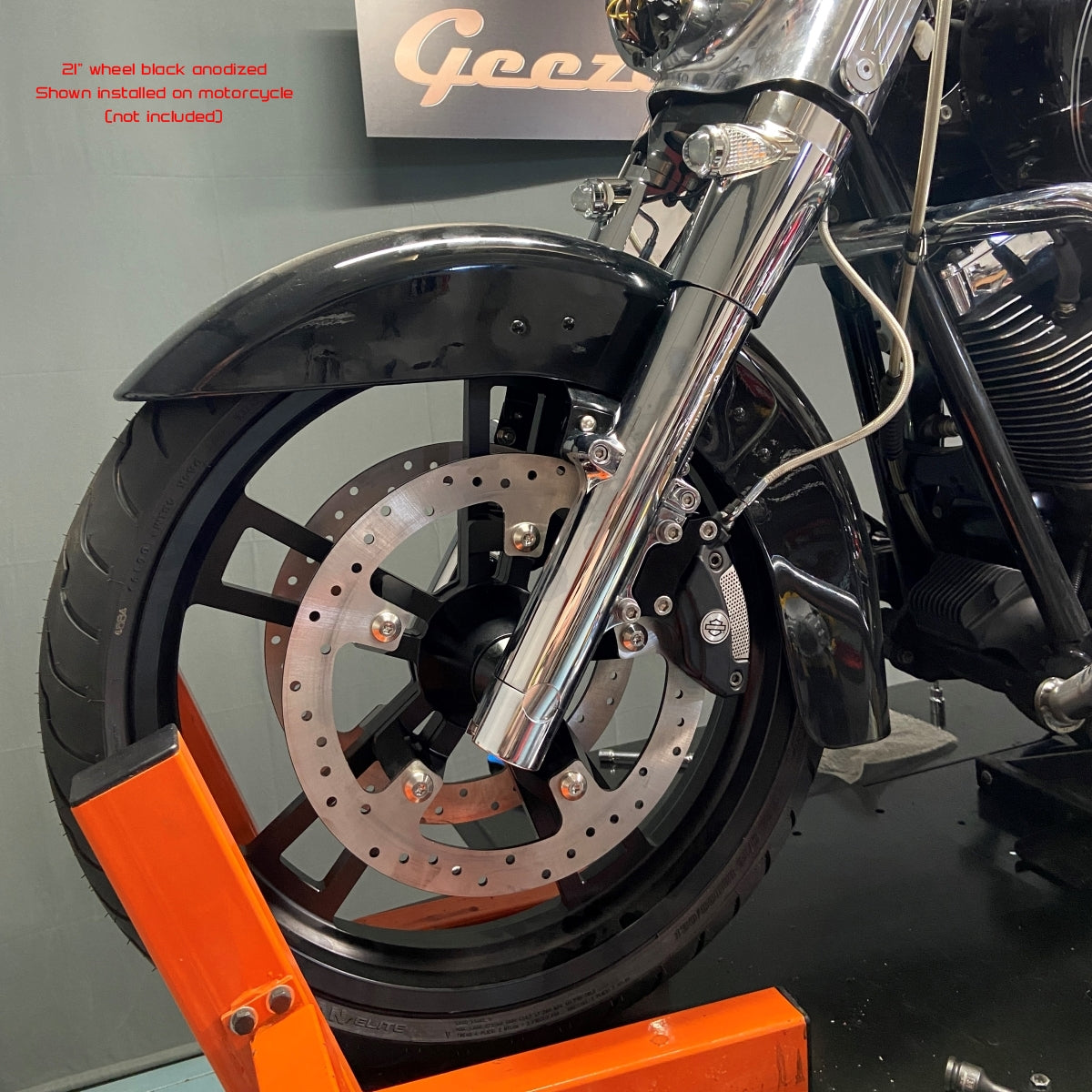 GeezerEngineering 19" or 21" front wheel installed on a Harley